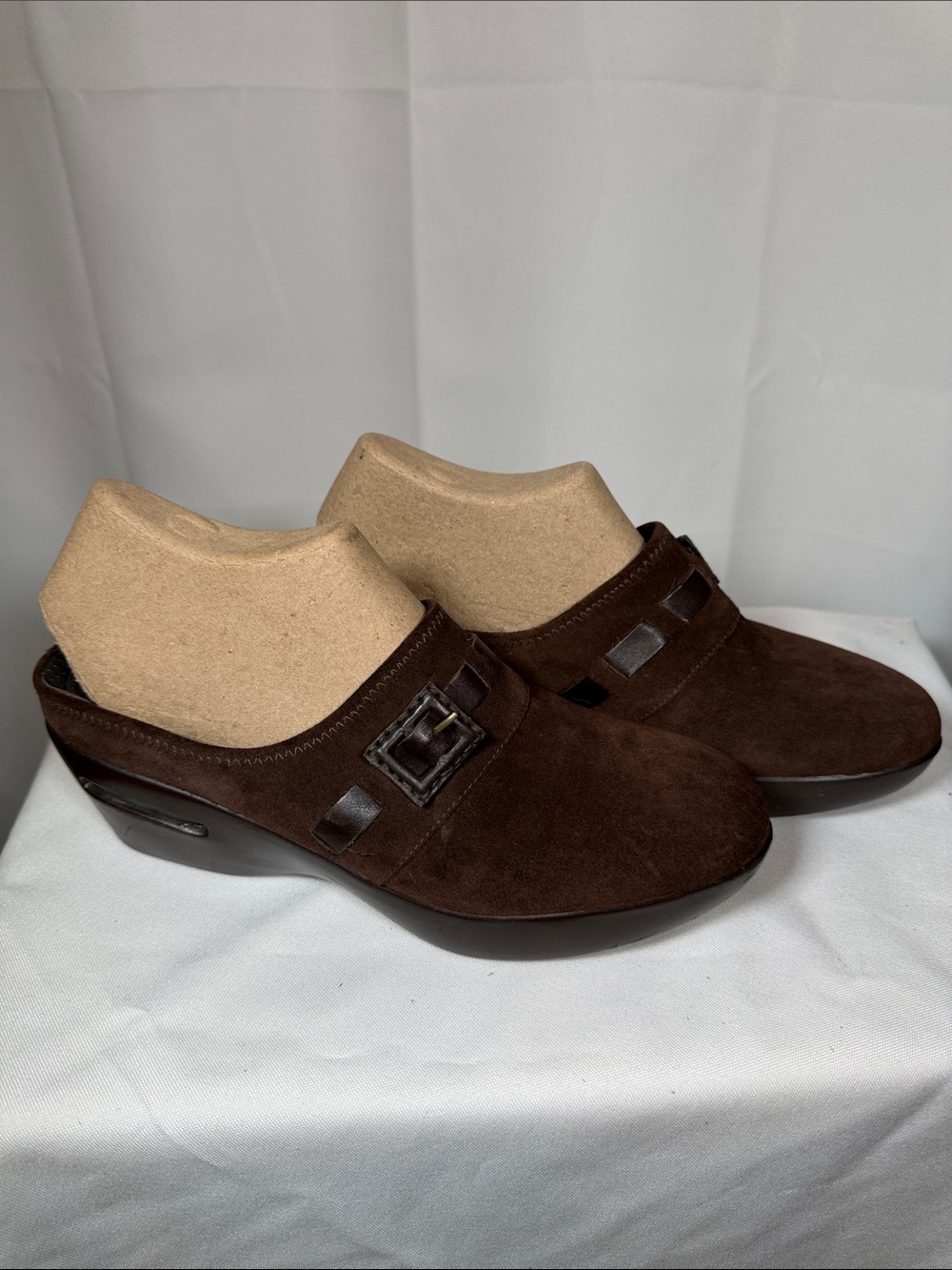 Cole Haan Dark Brown Suede Slip-On Clogs with Buckle Detail